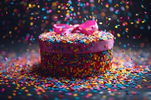 ai genererad födelsedag kaka med strössel och rosa rosett generativ ai foto