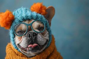 ai genererad hund bär glasögon och stickat hatt generativ ai foto