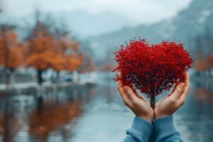 ai genererad person innehav röd träd generativ ai foto