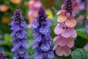 ai genererad lila och rosa blommor med vatten droppar generativ ai foto