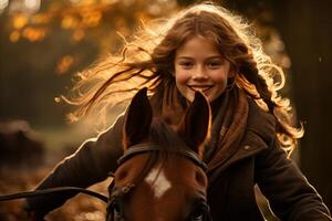 ai genererad ung flicka inlärning till rida en skön brun häst på de ryttare Centrum under en solig dag foto