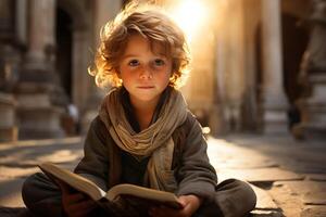 ai genererad nyfiken ung pojke hänförd förbi en fängslande bok på en lycksalig solig eftermiddag foto