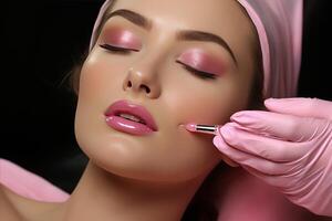 ai genererad ung kvinna mottar bOTOX injektion som del av kosmetisk procedur på skönhet salong foto