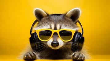 ai genererad Häftigt tvättbjörn dj med solglasögon och hörlurar på gul bakgrund för musik evenemang och parter foto