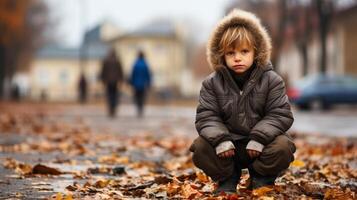 ai genererad en ledsen modfälld gråt barn pojke i skolgård med kopia Plats, emotionell barndom ögonblick foto