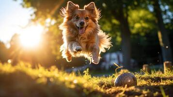 ai genererad lekfull hund hämta på solig dag, Hoppar för boll med kopia Plats foto