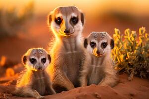 ai genererad förtjusande meerkat familj resa genom de hisnande afrikansk safari landskap foto