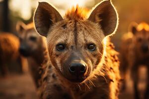 ai genererad spännande safari äventyr. packa av hyenor i de vibrerande savann landskap med olika vilda djur och växter foto