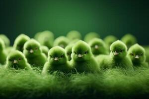 ai genererad färgrik påsk grön kycklingar på vibrerande grön gräs fält - tom Plats för tillsats text eller logotyp foto