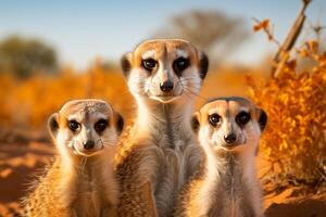 ai genererad hjärtvärmande stöta på. en lekfull meerkat familj navigerande de magnifik afrikansk safari landskap foto