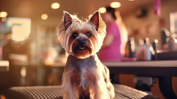 ai genererad groomer skärande yorkshire terrier hund i salong miljö med tom Plats för text foto