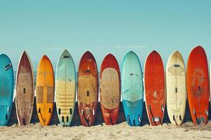 ai genererad en vibrerande visa av på olika sätt designad surfingbrädor stående upprätt på en solig strand foto