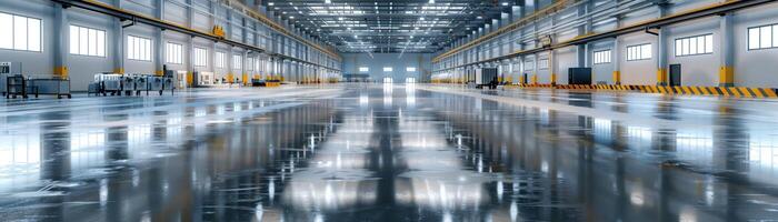 ai genererad en se inuti ett industriell fabrik med en i hög grad reflekterande golv foto