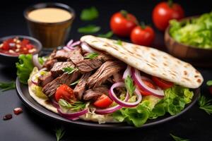 ai genererad utsökt shawarma gyros i pita - aptitlig mitten östra snabb mat med Plats för text foto