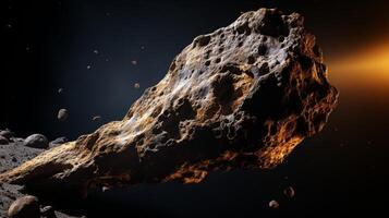 ai genererad närbild skott av asteroid yta reflekterande stjärnljus, visa upp invecklad detaljer och textur foto