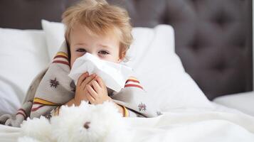 ai genererad ung pojke blåser hans näsa in i en vävnad på grund av till säsong- allergier eller kall, sjukvård begrepp med kopia Plats för text foto
