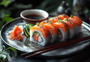 ai genererad japansk kök. sushi på rustik mörk bakgrund. foto