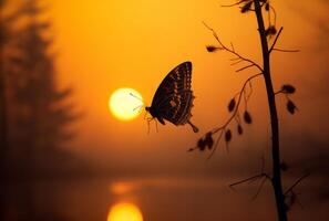 ai genererad fjäril och de Sol. en ett fjäril står silhouetted mot en gul gryning foto