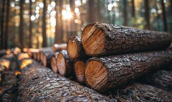 ai genererad logga trunkar lugg de skogsavverkning timmer skog trä industri. bred baner eller panorama av trä trunkar foto