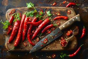 ai genererad röd varm chili paprikor och kniv på skärande styrelse foto