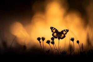 ai genererad fjäril på blomma. ett fjäril står silhouetted mot en gul gryning foto