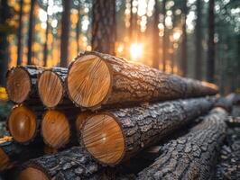 ai genererad logga trunkar lugg de skogsavverkning timmer skog trä industri. bred baner eller panorama trä- trunkar foto