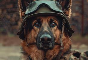 ai genererad en tysk herde hund är Sammanträde Nästa till en person bär en militär enhetlig foto