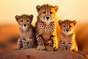 ai genererad gepard stolthet familj med ungar blomstrande i de magnifik safari landskap. vild natur foto
