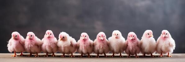 ai genererad baner söt bebis rosa kycklingar med kopia Plats, påsk vår djur, bruka gård fågel, barn barnkammare konst foto