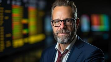 ai genererad professionell medelålders affärsman i formell kostym analyserar stock marknadsföra trender på skärmar foto