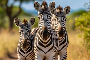 ai genererad en familj av zebror korsar de savann mitt i en vibrerande safari miljö i de afrikansk vildmark foto