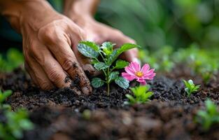 ai genererad händer plantering rosa blomma i de jord foto