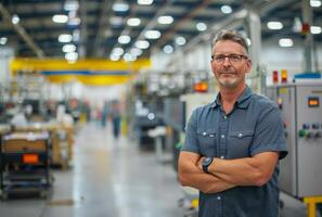 ai genererad porträtt av leende fabrik arbetstagare stående med hans vapen korsade i stor industriell anläggning foto