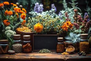 ai genererad ört- medicin och färsk blommor på trä- tabell foto