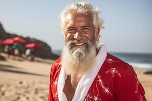 ai genererad glad santa claus med en magnifik skägg och festlig morgonrock, njuter de solsken på de strand foto