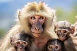 ai genererad afrikansk babian familj mitt i hisnande safari bakgrund. vild liv foto
