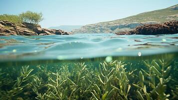 ai genererad blå kol sänkor. under vattnet växt roll i kol kvarstad i kelp skog och havsgräs äng foto