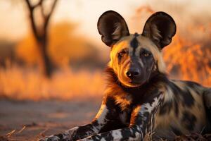 ai genererad afrikansk vild hund. fångande de väsen av de safari äventyr i dess naturlig livsmiljö foto