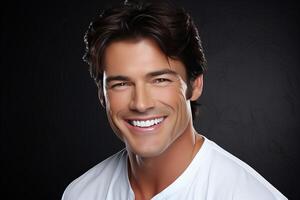 ai genererad attraktiv ung man med en strålnings leende visa upp de resultat av professionell tänder blekning foto