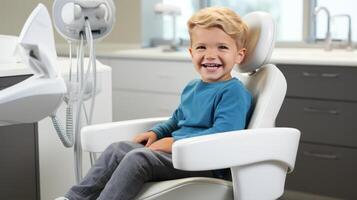 ai genererad Lycklig unge på de tandläkare med kopia Plats för text, pediatrisk dental vård begrepp foto