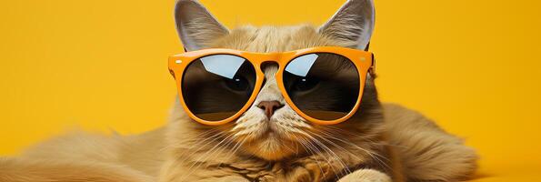 ai genererad Häftigt katt i solglasögon på orange bakgrund med Plats för text - semester begrepp baner foto