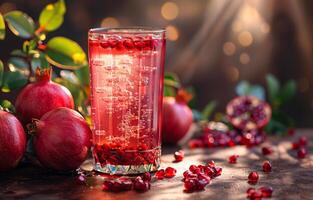 ai genererad granatäpple juice i glas och granatäpplen på trä- tabell foto