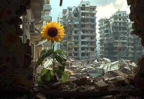ai genererad solros växer i de ruiner av förstörd stad foto