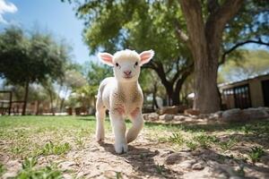 ai genererad förtjusande liten får försiktigt betning och roaming i de frodig grön landsbygden fält foto