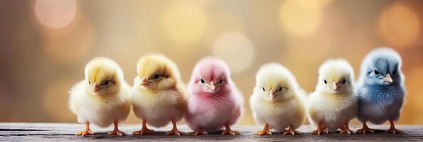 ai genererad baner glad påsk kycklingar. färgrik bild med Plats för personlig hälsningar och text foto