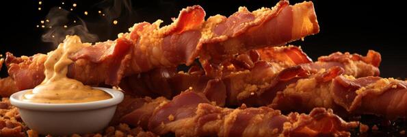 ai genererad Krispig bacon remsor bakgrund för gott recept, kulinariska bloggar, och frukost meny mönster foto