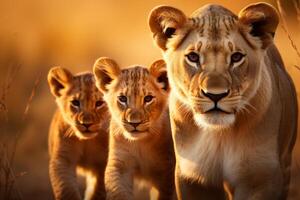 ai genererad roaming lejon. fängslande stunder av en majestätisk familj i deras naturlig livsmiljö på safari foto