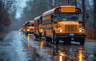 ai genererad skola bussar parkerad på de väg i de regn foto