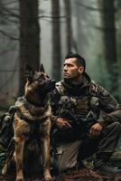 ai genererad militär man med hans militär hund i skog foto