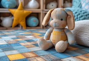 ai genererad leksak hund sitter på de golv i barns rum foto